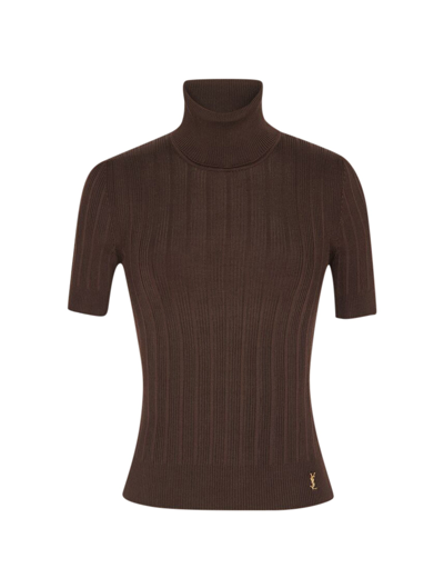 Saint Laurent Rib Short-sleeve Silk Turtleneck Sweater In Brown