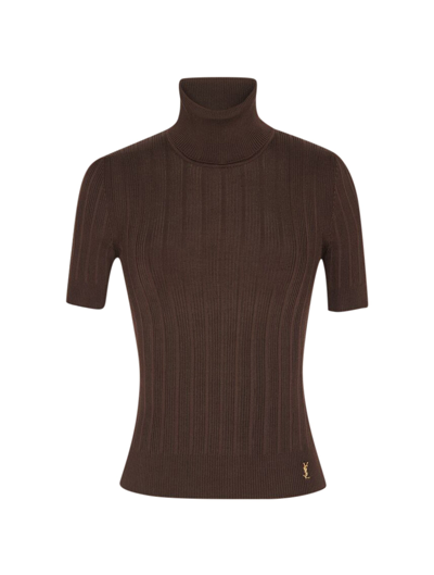 Saint Laurent Rib Short-sleeve Silk Turtleneck Jumper In Brown