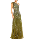 Mac Duggal Sequined One Shoulder Flutter Sleeve A Line Gown In Olive