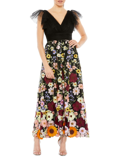 Mac Duggal Embroidered Ruched Flutter Sleeve A Line Dress In Black Multi