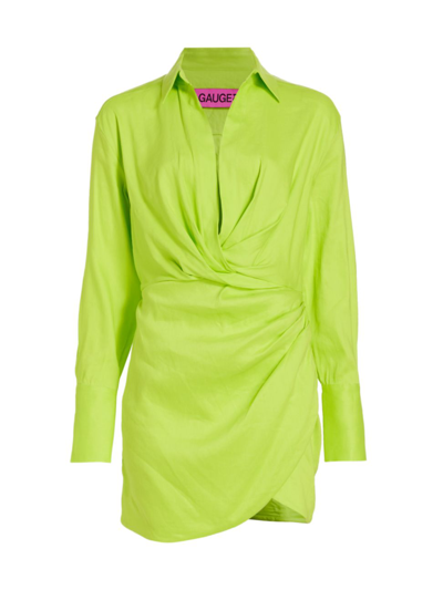 Gauge81 Naha Draped Linen-blend Mini Shirt Dress In Bright Green