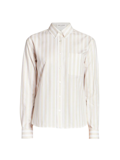 Saint Laurent Stripe Button-down Chemise Top In Craie Beige