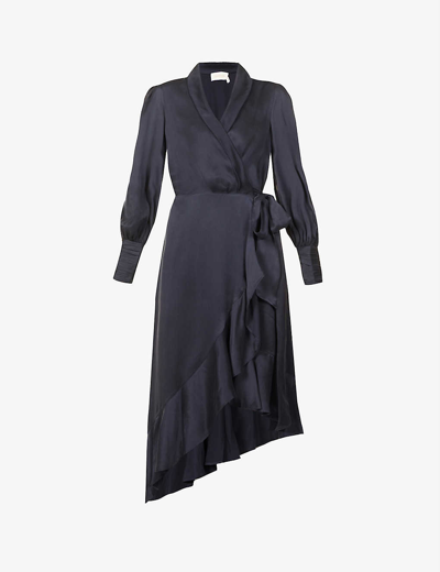 Zimmermann Plunge-neck Wrap-over Silk Midi Dress In Blue