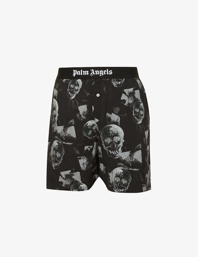 Palm Angels Skull-print Branded-waistband Woven Shorts In Black White