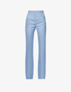 SAINT LAURENT SAINT LAURENT WOMEN'S BLEU CIEL CONTRAST-STITCH PRESSED-CREASE FLARED-LEG HIGH-RISE COTTON TROUSERS,55716551