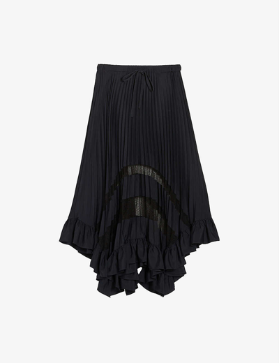 Claudie Pierlot Selode Sheer-panel Pleated Crepe Midi Skirt In Bleus