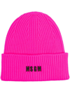 Msgm Embroidered-logo Knit Beanie In Pink