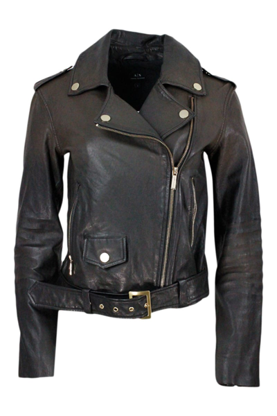Armani Collezioni Leather Biker Jacket With Pockets And Zip In Solid Black