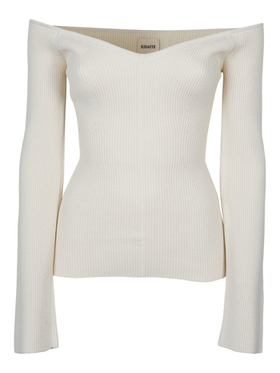 Khaite Luella Off-the-shoulder Ribbed-knit Sweater In White