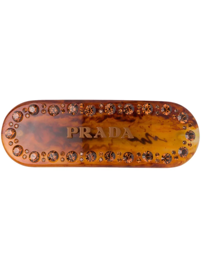 Prada Crystal Embellished Logo Hair Clip In Brown