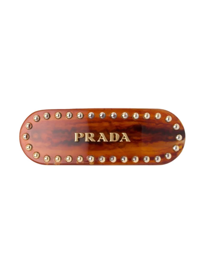 Prada Studded Logo-lettering Hair Clip In Brown