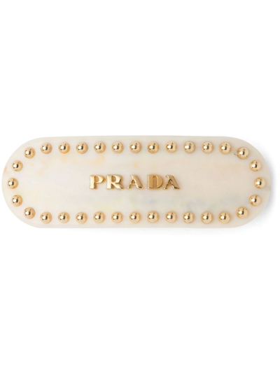 Prada Studded Logo-lettering Hair Clip In Neutrals