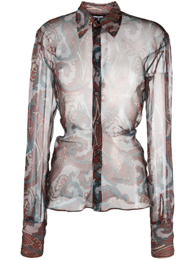 Dsquared2 Sheer Paisley-print Shirt In Brown