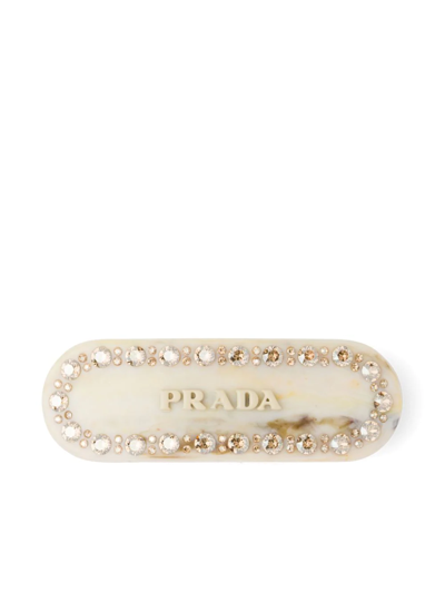 Prada Crystal-embellished Logo Hair Clip In Beige Khaki