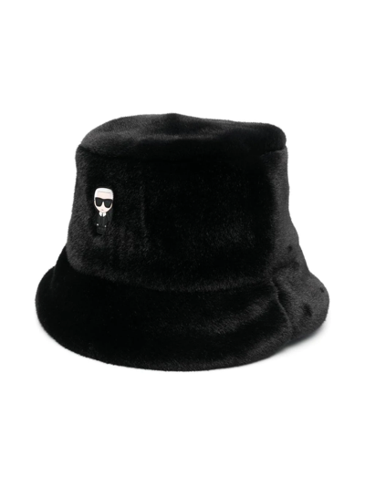 Karl Lagerfeld Kids' Karl Patch Faux Fur Bucket Hat W/ Logo In Black