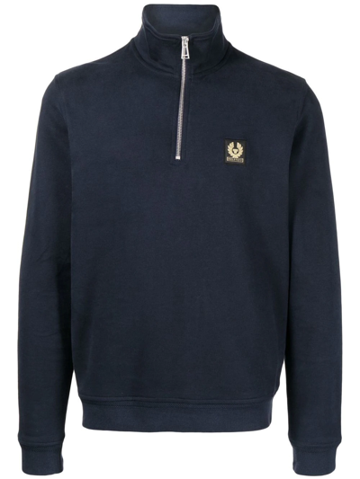 Belstaff Logo-patch Short-zip Sweatshirt In Dark Ink