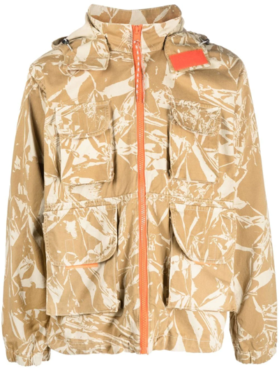 Aries Cotton Crinkle Camo Removable Hood Cargo Jacket In Beis