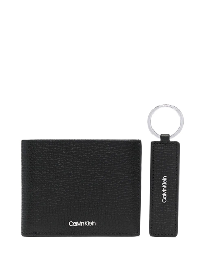 Calvin Klein Leather Wallet And Keyfob Set In Black