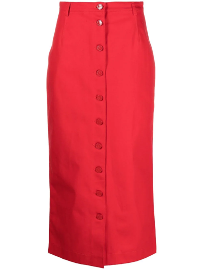 Raf Simons Red High Waist Cotton Midi Skirt