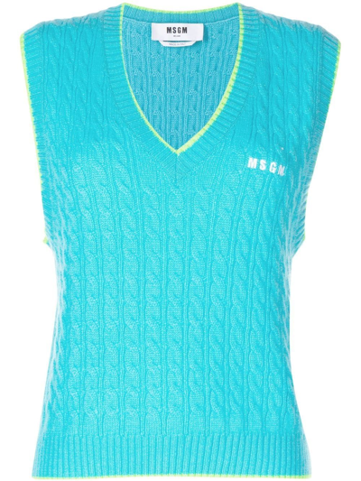 Msgm Embroidered-logo Knit Vest In Light Blue