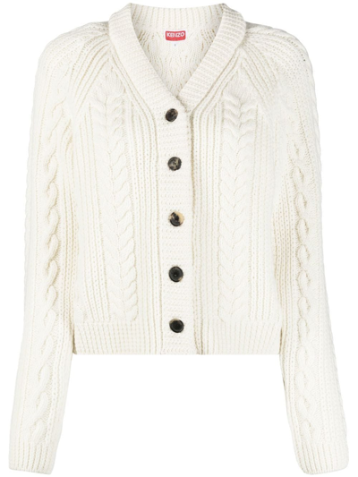 Kenzo Cable-knit Merino Wool Cardigan Off White Female In Blanc Casse