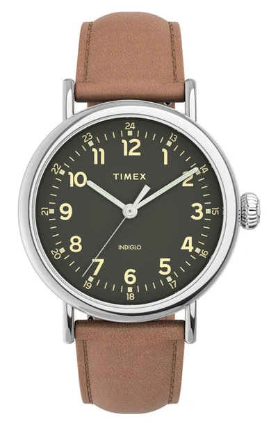 Timex Standard Leather Strap Watch, 40mm In Brown Silver Tone Green