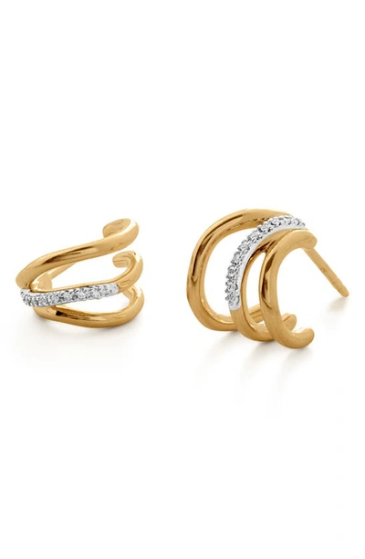Monica Vinader Gold Riva Triple Wave Diamond Huggie Earrings Diamond In 18ct Gold Vermeil On Sterling