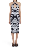 Versace Silver Baroque Printed Halter Body-con Midi Dress In Black White