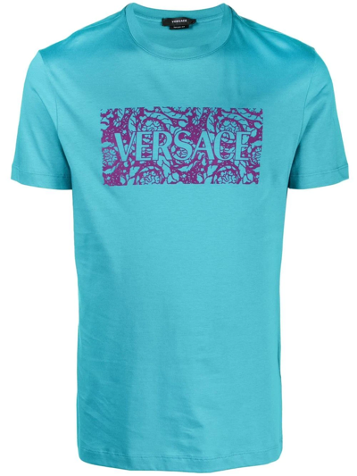 Versace Logo-print Short-sleeved T-shirt In Azure