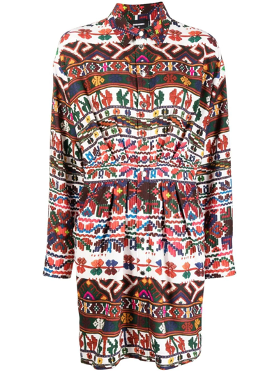 Dsquared2 Midi Shirt Dress With Multicolored Print In White