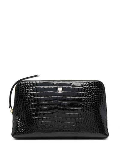 Aspinal Of London Croco-embossed Logo Cosmetic Case In Schwarz