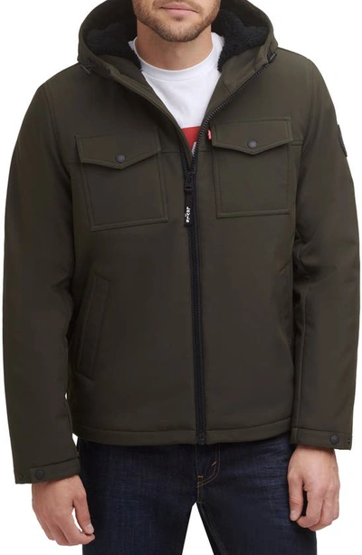 Levi's Soft Shell Faux Shearling Lined Jacket In Olive