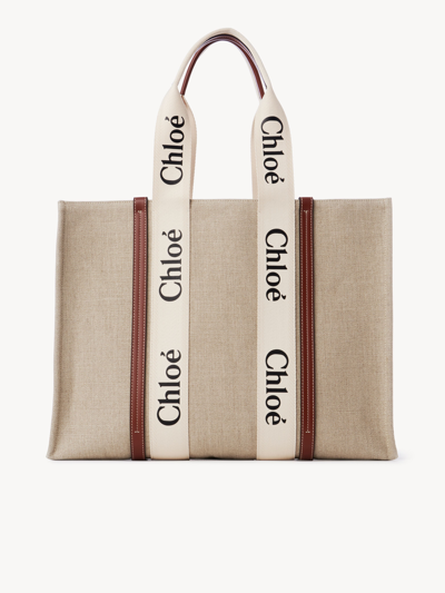 CHLOÉ LARGE WOODY TOTE BAG IN LINEN MULTICOLOR SIZE ONESIZE 100% LINEN, CALF-SKIN LEATHER, POLYESTER