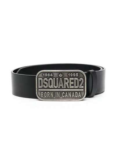 Dsquared2 Kids' Logo标牌扣环皮质腰带 In Black