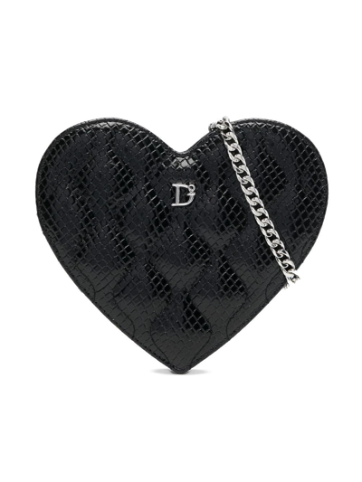 Dsquared2 Kids' Snakeskin Heart-shaped Shoulder Bag In Black