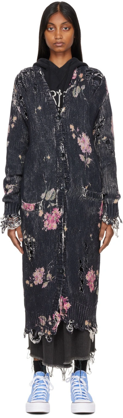 R13 Distressed Floral Long Cotton Cardigan In Floral On Black