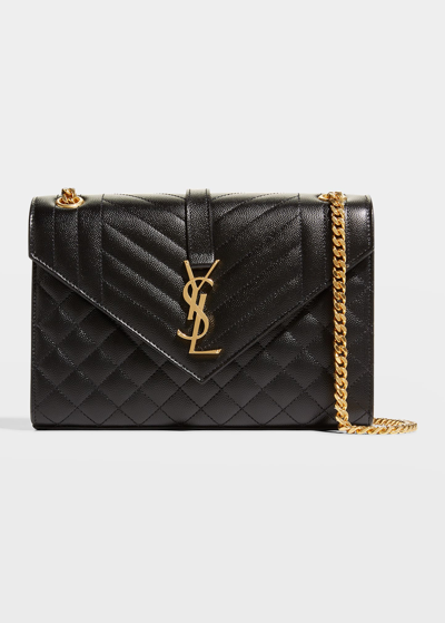 Saint Laurent Envelope Triquilt Medium Ysl Shoulder Bag In Grained Leather In Black