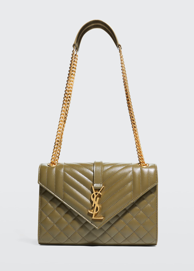 Saint Laurent Medium Tri-quilted Matelasse Grain De Poudre Flap Shoulder Bag, Golden Hardware In Kaki