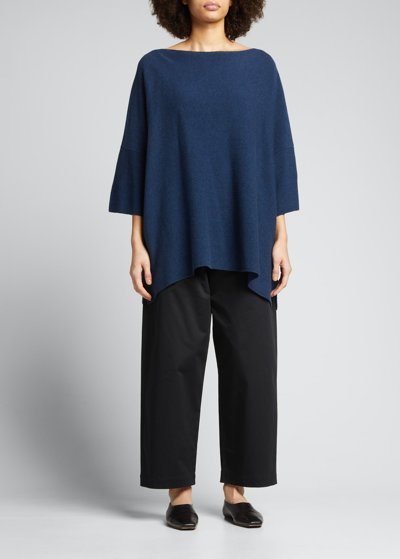 Eskandar Square 3/4-sleeve Knitted Moss-stitch Tunic Top (long Length) In Jeandark