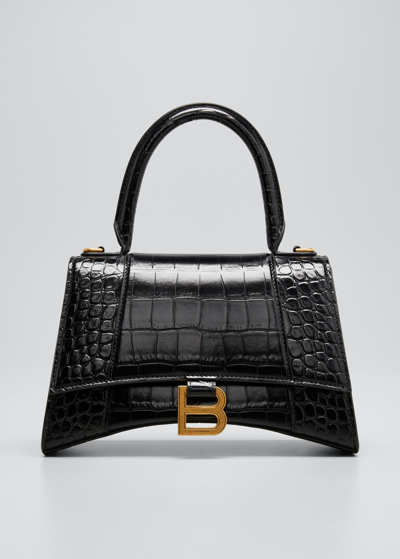 Balenciaga Hourglass Small Croc-embossed Top-handle Bag In Black
