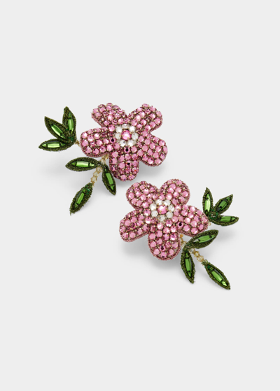 Oscar De La Renta Embroidered Crystal Flower Clip Earrings In Pink