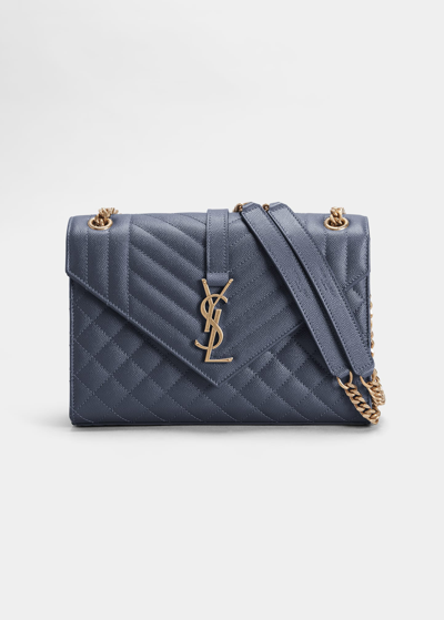 Saint Laurent Triquilt Medium Ysl Monogram Grain De Poudre V Flap Satchel Bag - Golden Hardware In Blue Char