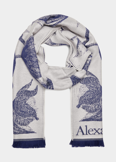 Alexander Mcqueen Oversized Skull Flower Wool Scarf In Ice Blue