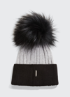 Gorski Two-tone Knit Beanie W/ Fox Pompom In Black/gray