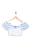 Caroline Constas Delia Embroidered Tiered Ruffle Crop Top In White Blue Embroidery