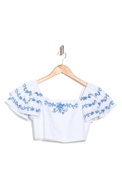 Caroline Constas Delia Embroidered Tiered Ruffle Crop Top In White Blue Emb