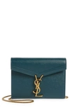 Saint Laurent Cassandra Leather Wallet On A Chain In Bleu Canard