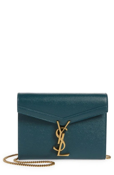 Saint Laurent Cassandra Leather Wallet On A Chain In Bleu Canard
