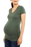 A Pea In The Pod Luxe Side Ruched V-scoop Maternity T Shirt In Olive