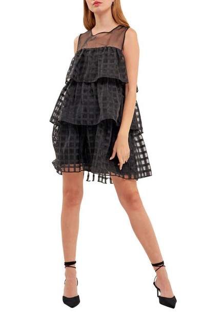 English Factory Grid Pattern Tiered Organza Minidress In Black